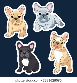 Stickers Four cute little playful French bulldog puppies on a dark blue background