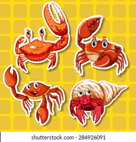 Pegatinas de cuatro cangrejos diferentes sobre fondo amarillo