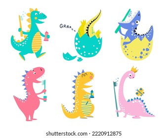 Pegatinas. Cuatro dinosaurios con cepillos de dientes. Estilo moderno, diseño luminoso. Para niñas y niños. Ideal para la motivación de los niños, libros para niños, ilustraciones para empaque y folletos.