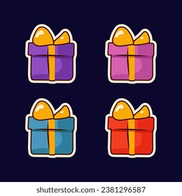 Stickers four gift boxes of different colors on a dark blue background