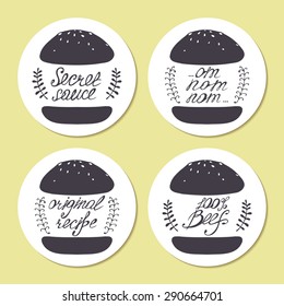 Stickers with freehand drawn burgers and hand lettering in vector. Stylized fast food illustration for restaurant or cafe