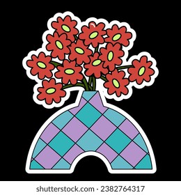 Stickers with Fresh flowers red abstract bouquets. Geometric vases with bouquets of flowers in a trendy cartoon style. Botanical elements. Vintage groovy composition with hippie flowers.