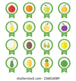 Stickers with fresh fruits and berries. Set of isolated vector banners in flat style. Concept healthy organic food