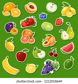 Stickers with fresh natural fruits and berries - orange, apple, lime, lemon, plum, banana, cherry, grapes, peach, pear, watermelon. Fruits and berries vector illustration