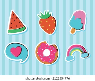 Aufkleber für Obst, Regenbogen und Donut