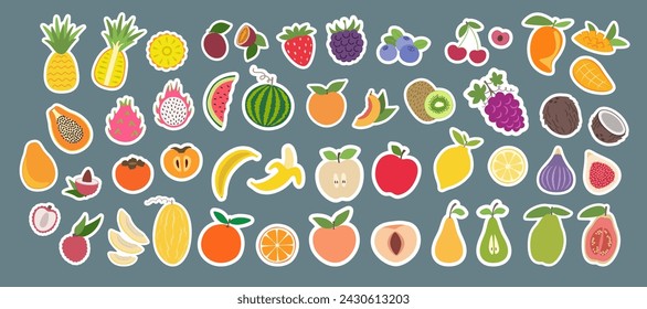 Stickers with fruits and berries in flat cartoon design. Collection of isolated fruits and berries. Vector illustration of strawberry, cherry, blackberry, blueberry, grapes, papaya, fig, melon, etc.