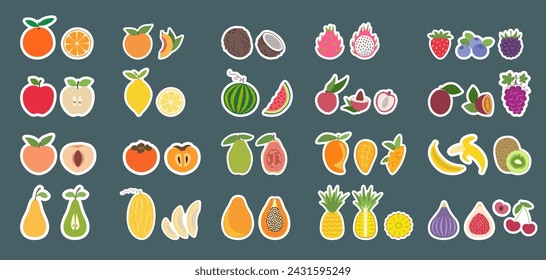 Stickers with fruits and berries in flat cartoon design. Collection of isolated fruits and berries. Vector illustration of strawberry, cherry, blackberry, blueberry, grapes, papaya, fig, melon, etc.