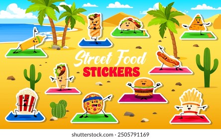 Stickers of funny cartoon fast food characters. Hot dog, taco, pizza, popcorn and burger, french fries, burrito, mustard bottle and nachos enjoying activities on sunny beach with palm trees and cacti