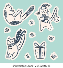 Stickers of funny cartoon kittens. Winter illustration.  Vector set. 