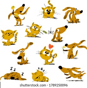 Stickers with funny cat and dog characters emotioal icons vector collection. Funny kitten and puppy stickers set.