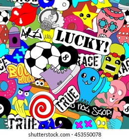 Stickers funny characters, vector seamless pattern bright colorful background, graffiti street art style