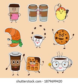 Stickers funny cups of coffee and tea, sweets: waffle, cookies, croissant, pancake. Funny stickers on the coffee theme. Funny emotions vector set. Coffee cup logo funny stickers, flat cartoon style.