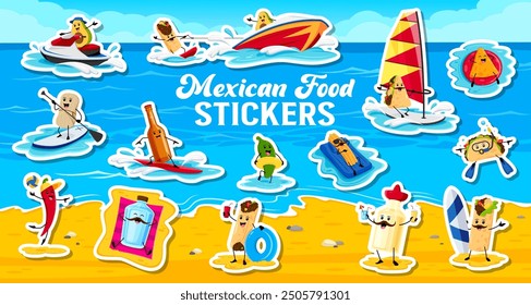 Stickers of funny mexican cuisine characters on summer vacation. Vibrant set of tex mex burrito, chili pepper and beverages, engaging in water sports and beach activities on a sunny day at the seaside