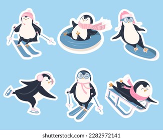 Stickers with funny penguins. Set with cute arctic animals	