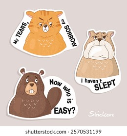 stickers, funny stickers, wild animals, cat, dog, beaver, tired animals, funny animals