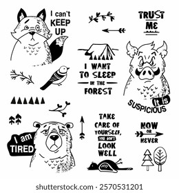 stickers, funny stickers, wild animals, funny characters, fox, boar, bear, wild animals