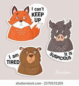 stickers, funny stickers, wild animals, funny characters, fox, boar, bear