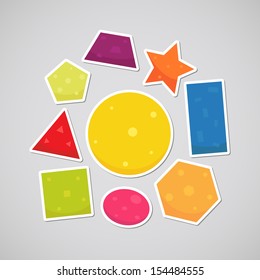 Stickers with geometric shapes: square, circle, ellipse, triangle, pentagon, hexagon, rectangle, star, trapezoid. 