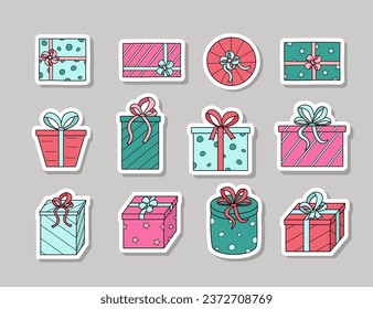 Aufkleber Geschenkbox mit Bögen. Vektorgrafik von farbigen Symbolen eines festlichen Geschenkes in einem Paket.