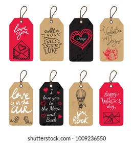 Stickers for a gift for Valentine's Day. V Day gift tags with hand drawing elements. Vector illustration sketch Holidays.