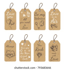 Stickers for a gift for Valentine's Day. V Day gift tags with hand drawing elements. Vector illustration sketch Holidays.