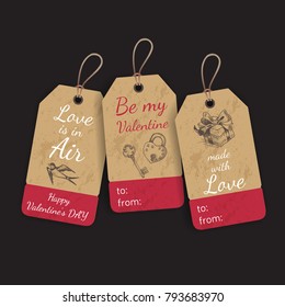 Stickers for a gift for Valentine's Day. V Day gift tags with hand drawing elements. Vector illustration sketch Holidays.