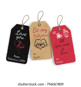 Stickers for a gift for Valentine's Day. V Day gift tags with hand drawing elements. Vector illustration sketch Holidays.