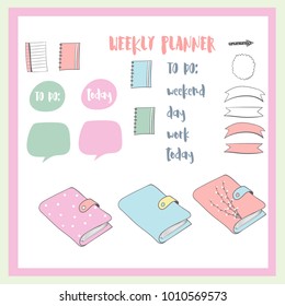 Stickers for girls planner. Different versions of glasses, notebooks, phones.