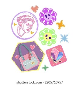 Stickers girlys. Fashion, lifestyle concept. Hipster set. Vector illustration. Typography. Retro style. Postcards, posters