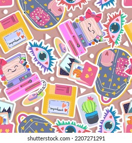 Stickers girlys. Fashion, lifestyle concept. Hipster set. Vector illustration. Typography. Retro style. Grey pink background. Pattern, wallpaper, cartoon style