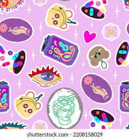 Stickers girlys. Fashion, lifestyle concept. Hipster set. Vector illustration. Retro style. Typography. Light background. Pattern, cartoon style, wallpaper
