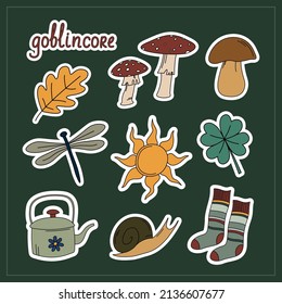 Stickers with goblincore elements. Vector sticker pack for printing. Sun, teapot, mushroom, clover, dragonfly, socks, leaf, snail.
