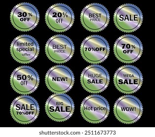 stickers gologram , set tag golographic, label, sale, percent, wow, new, 70, 50, 20, offer, off, hologram ticket