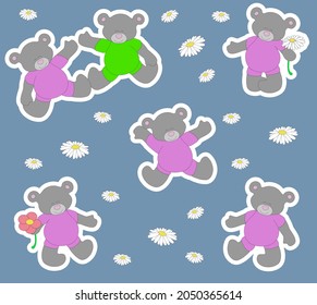 Pegatinas con osos de peluche gris en vector