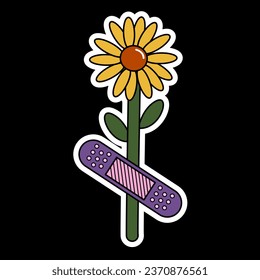 Stickers Groovy sunflower flower with plaster.  Colourful groovy patches. Abstract sunflower poster in groovy trippy funky style. Graphic stickers in retro design