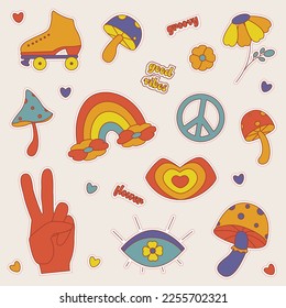 stickers groovy vibe. 70s retro elements. vector