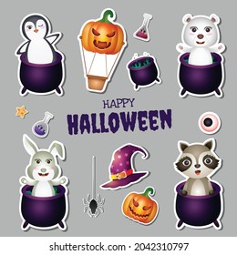 Stickers halloween collection with cute penguin, polar bear, rabbit and raccoon
