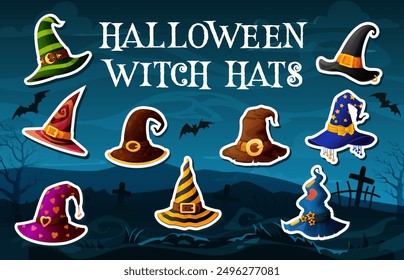 Pegatinas de sombreros de bruja de Halloween, mago malvado y gorras de mago. Vector de dibujos animados sombreros mágicos de Halloween día de fiesta truco o tratar traje de bruja con rayas y corazones patrones, parches y hebillas