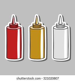 Stickers with hand drawn bottles with different sauces. Vector illustration