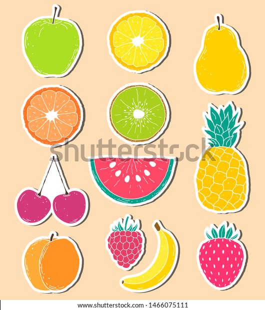 Stickers Hand Drawn Fruits Doodle Style Stock Vector (Royalty Free ...