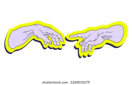 Stickers Hands going to touch together against the backdrop. Look like the Michelangelo's art. Cyberpunk and vaporwave style. Vector template of cover, event flyer, club party invitation