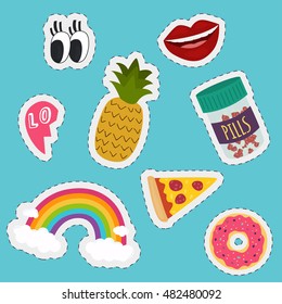 Stickers and handwritten notes collection. Fashion patch badges with donut, pineapple, pizza, tablets, lip, rainbow, eyes.