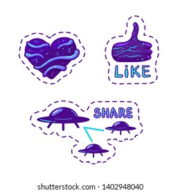 Stickers of heart, like and share in alien style. Vector illustration.