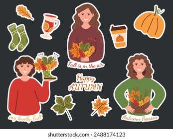 Stickers, Hello Autumn, set. Vector illustration of colorful fall leaf elements. Cute young women smiling holding colorful leaves in their hands. Mulled wine, hot drinks.