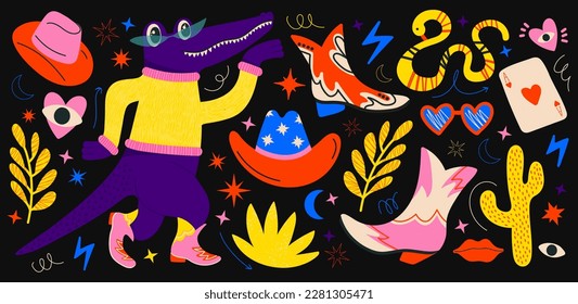 Stickers hippie retro crocodile 90s, elements of psychedelic acid. retro characters.Cowboy theme, hats,cossacks,boots,snake,desert vintage set of vector elements in cartoon groovy style