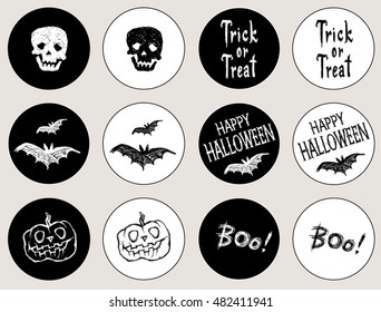 Stickers for the holiday Halloween. Happy Halloween / Sale / Trick or treat / Bats fly / Creepy pumpkin / skull / letters. Drawing and lettering is handmade white and black background