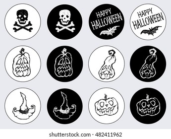 Stickers for the holiday Halloween. Happy Halloween / Sale / Trick or treat / Bats fly / Creepy pumpkin / skull / letters. Drawing and lettering is handmade white and black background