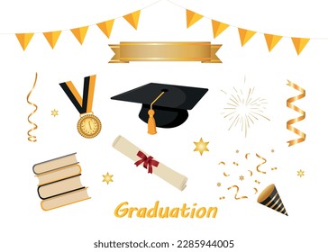 Iconos para graduación. Sombrero de graduación, fuegos artificiales, libros, medalla de oro y banderas en un fondo blanco.