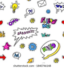 Stickers and icons, phrases and slang words used in social media, seamless pattern. Envelope letter and glowing bulb, question mark and heart, arrow and smiling face. Star and chat box vector