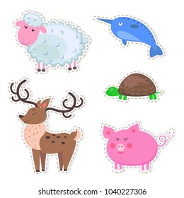 Stickers and icons set of cute wild and domestic animals - funny sheep, turtle, pig, reindeer and narwhal flat vectors isolated on white. Mammals and reptile illustrations outlined with dotted line